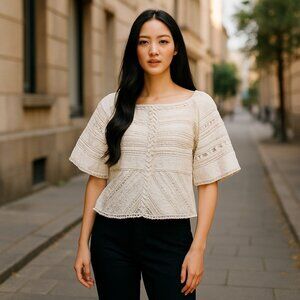 ☀️Sale NWT Lucy Paris Ivory Crochet Lace Top Boho Chic Romantic Blouse Size L